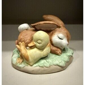 Vintage Lefton Porcelain Figurine #2347 Sleeping Bunny & Duckling 2.5” X 1.75”